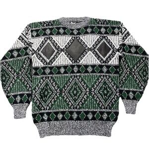 VTG Impact Sweater Mens Medium Geometric Knit Acrylic Leather Patch's 90s Preppy